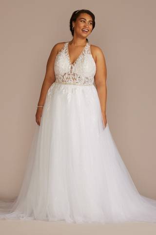 View Galina Signature Illusion Halter Beaded Lace A-Line Wedding Dress in all available color and sizes Picture of Illusion Halter Beaded Lace A-Line Wedding Dress