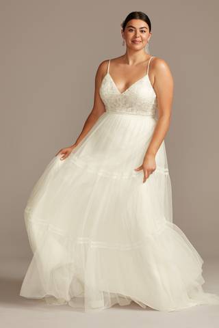 View Melissa Sweet Corset Bodice Tiered Chiffon A-Line Wedding Dress in all available color and sizes Picture of Corset Bodice Tiered Chiffon A-Line Wedding Dress