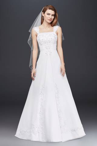 View David's Bridal Collection A line Chiffon Split Front Overlay Wedding Dress in all available color and sizes Picture of A line Chiffon Split Front Overlay Wedding Dress