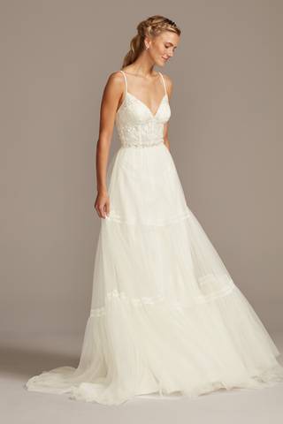 View Melissa Sweet Corset Bodice Tiered Chiffon A-Line Wedding Dress in all available color and sizes Picture of Corset Bodice Tiered Chiffon A-Line Wedding Dress