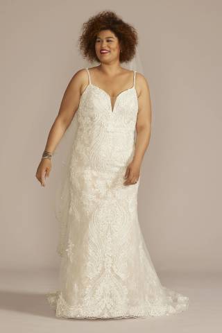 View Galina Signature Strappy Allover Beaded Lace Mermaid Wedding Dress in all available color and sizes Picture of Strappy Allover Beaded Lace Mermaid Wedding Dress