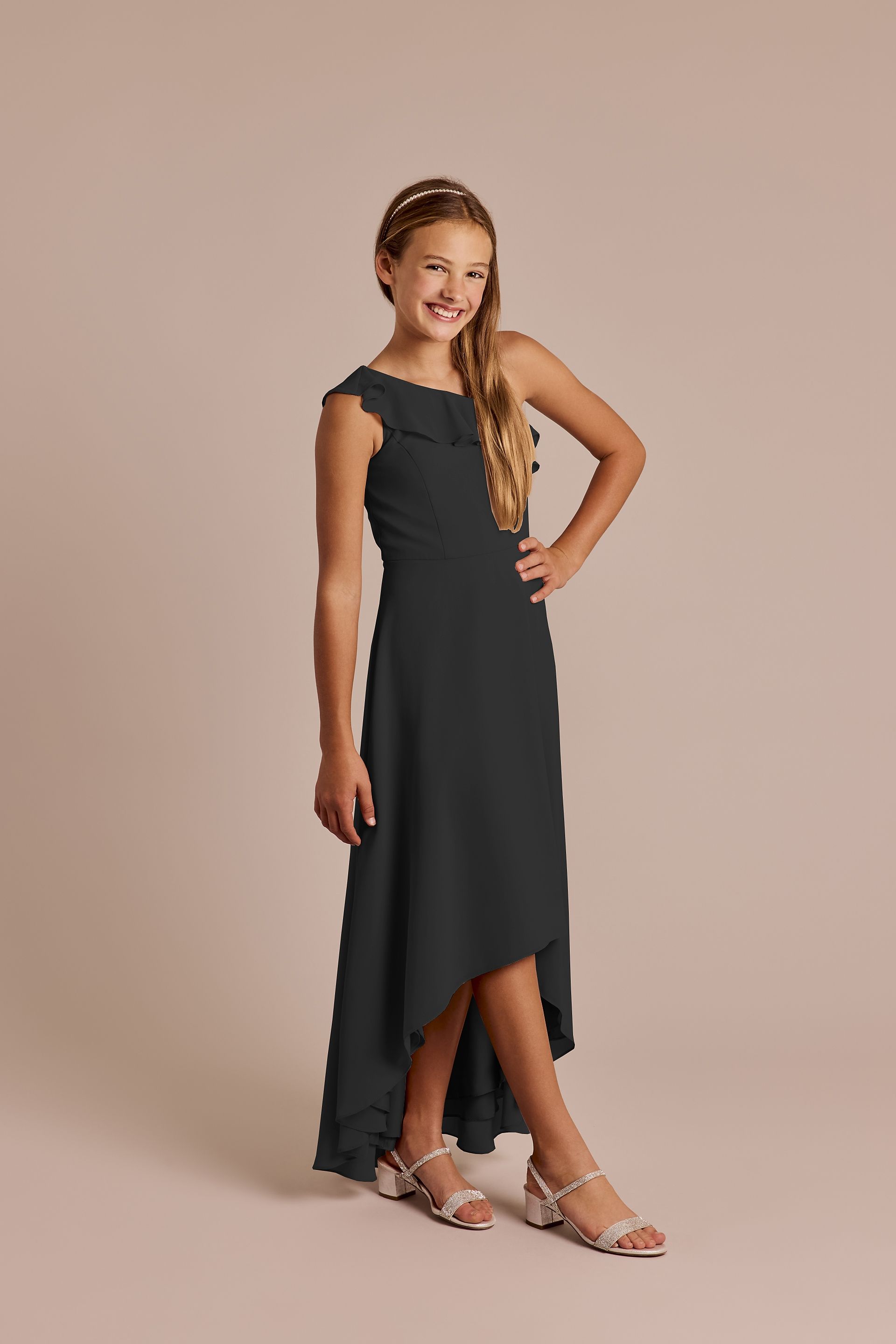 Picture of Chiffon Ruffle One-Shoulder High-Low Junior Dress