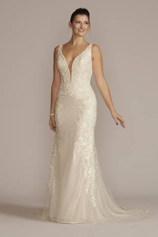 View Galina Signature Allover Sequin Scrolling Lace Wedding Gown in all available color and sizes Picture of Allover Sequin Scrolling Lace Wedding Gown
