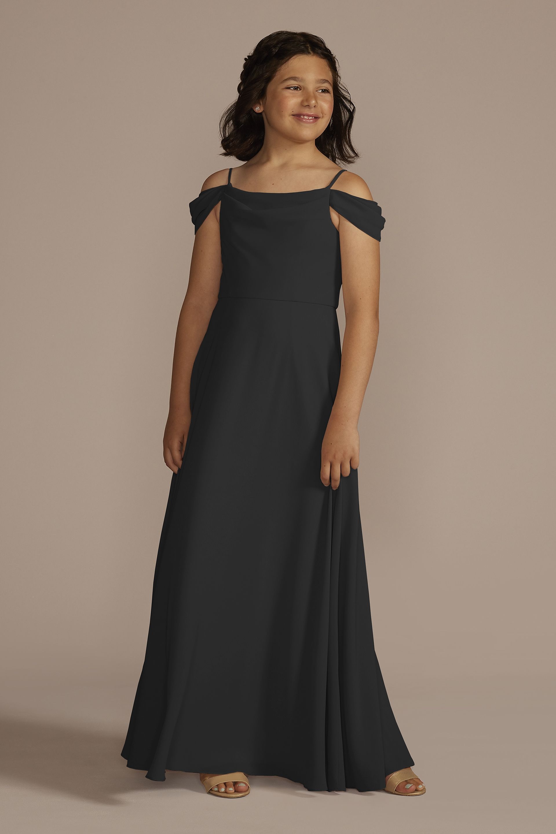Celebrate DB Studio Chiffon Swag Sleeve Junior Bridesmaid Dress in Black Size: 6 David's Bridal