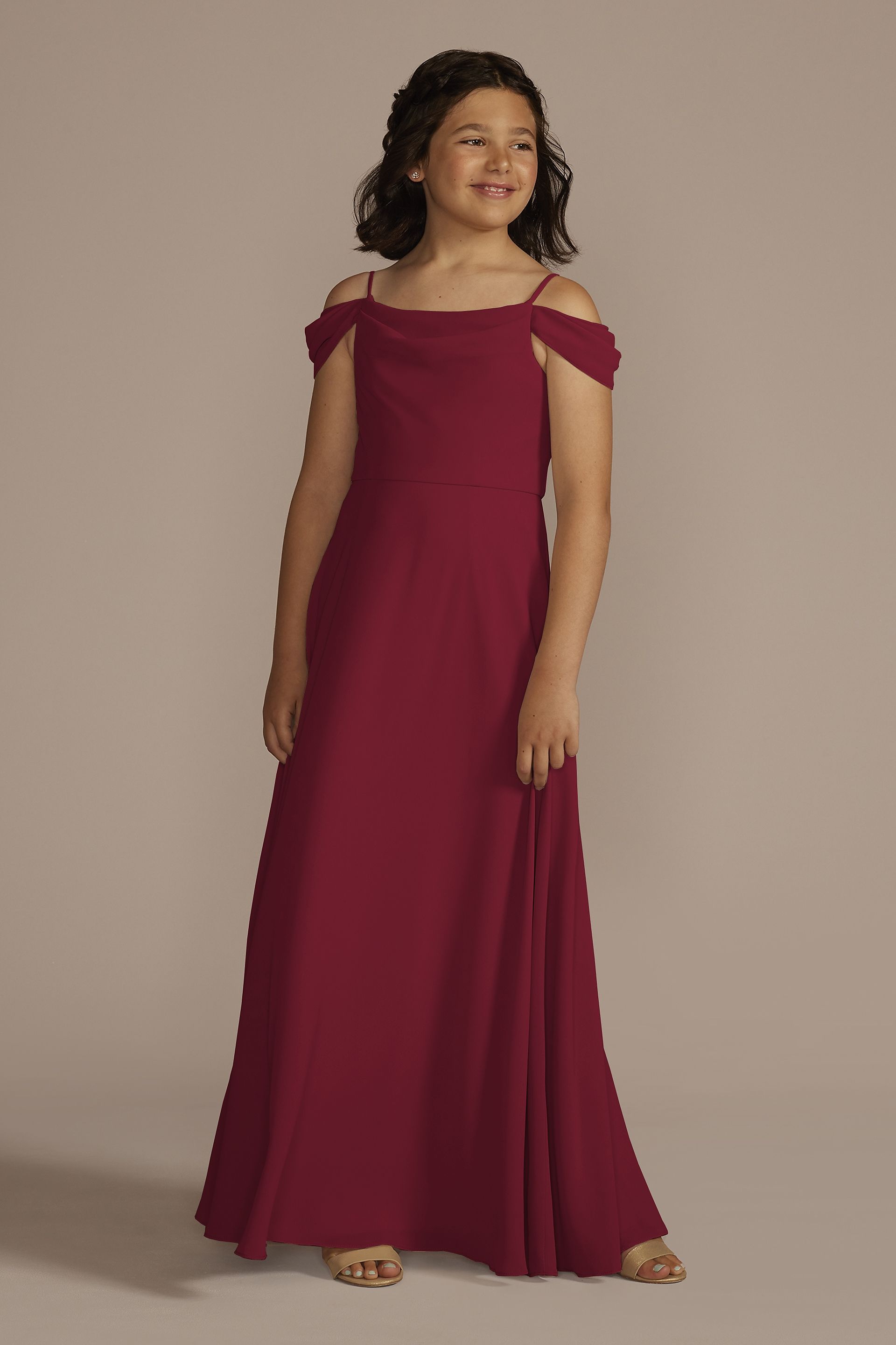 Celebrate DB Studio Chiffon Swag Sleeve Junior Bridesmaid Dress in Cranberry Size: 18 David's Bridal