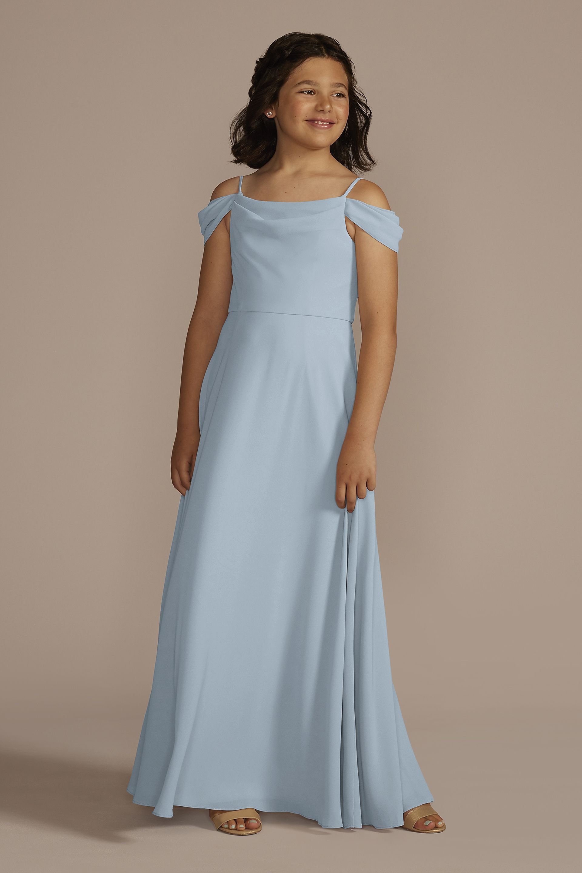 Celebrate DB Studio Chiffon Swag Sleeve Junior Bridesmaid Dress in Dusty Blue Size: 6 David's Bridal