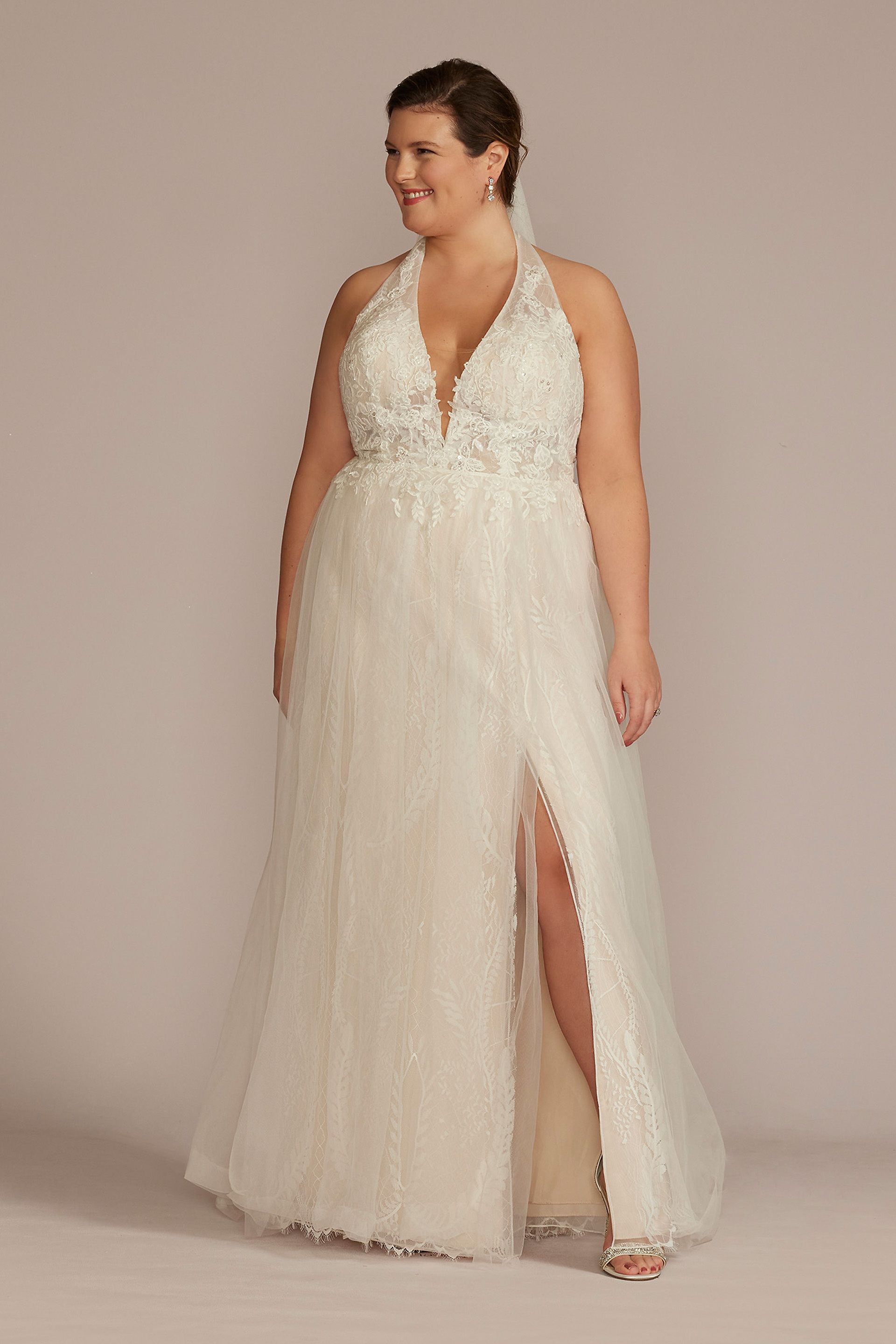 DB Studio Lace Applique Halter A-Line Plus Wedding Dress in Solid Ivory Size: 22W David's Bridal