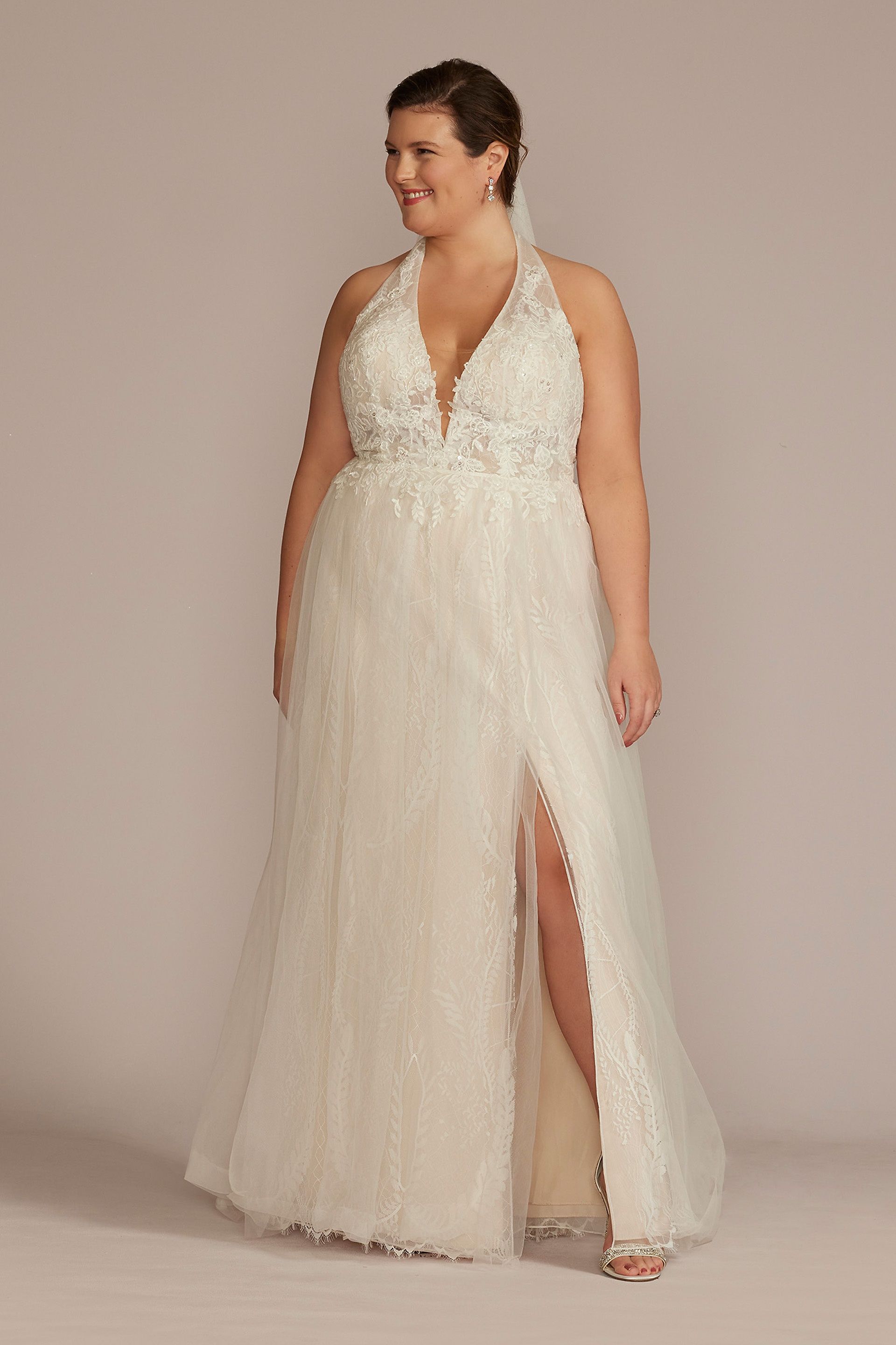 DB Studio Lace Applique Halter A-Line Plus Wedding Dress in Ivory/Stone Size: 26W David's Bridal