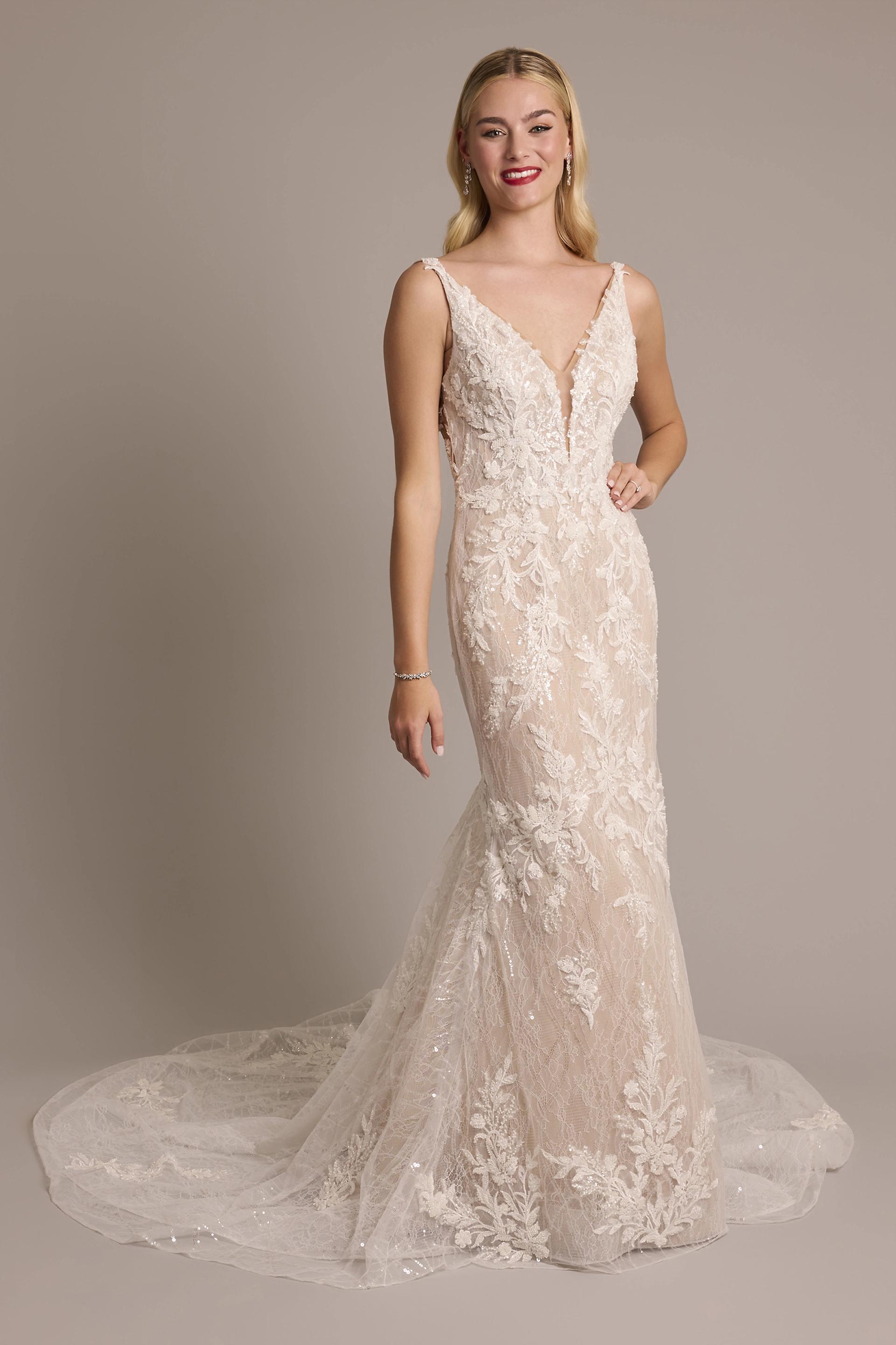 View Galina Signature Beaded Plunging Tank Mermaid Wedding Dress in all available color and sizes Picture of Beaded Plunging Tank Mermaid Wedding Dress