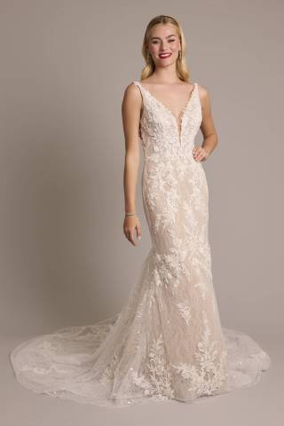 View Galina Signature Beaded Plunging Tank Mermaid Wedding Dress in all available color and sizes Picture of Beaded Plunging Tank Mermaid Wedding Dress