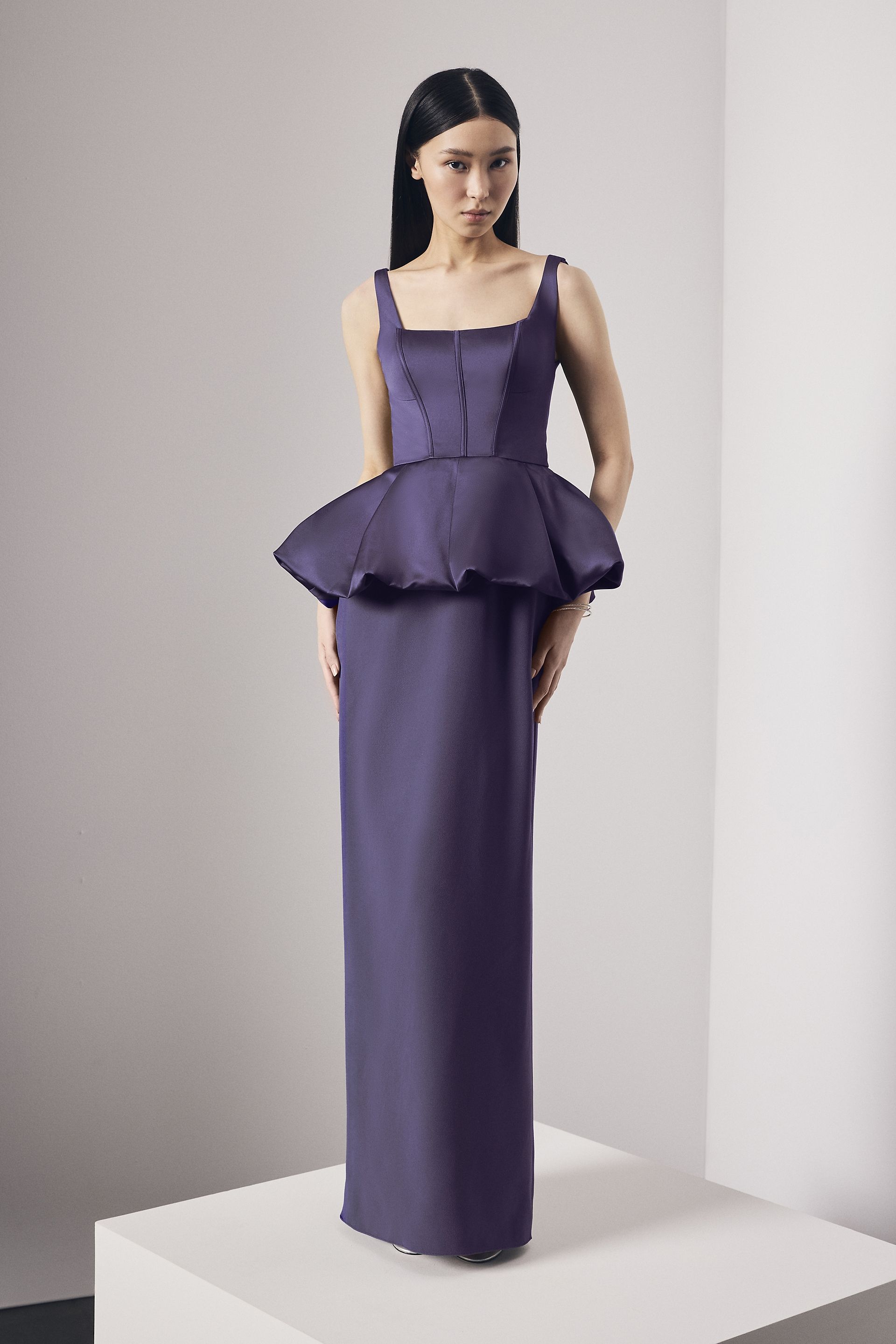 Picture of Satin Corset Bodice Peplum Dress with Crepe Skirt