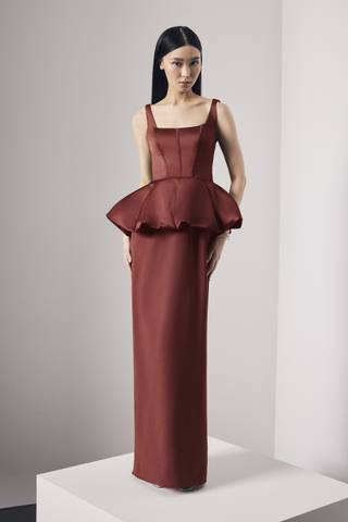 Picture of Satin Corset Bodice Peplum Dress with Crepe Skirt