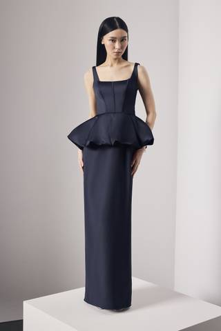 Picture of Satin Corset Bodice Peplum Dress with Crepe Skirt
