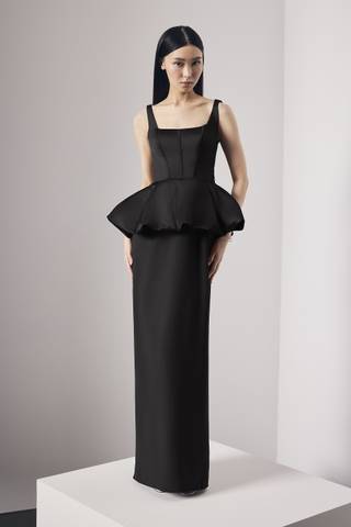 View Vera Wang Bride Satin Corset Bodice Peplum Dress with Crepe Skirt in all available color and sizes Picture of Satin Corset Bodice Peplum Dress with Crepe Skirt