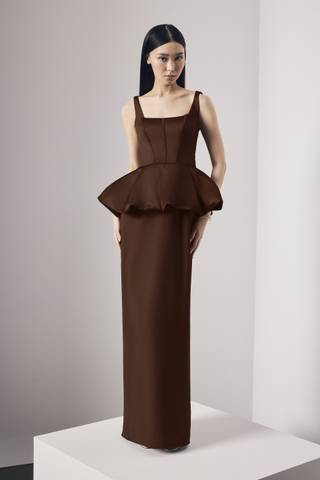 Picture of Satin Corset Bodice Peplum Dress with Crepe Skirt