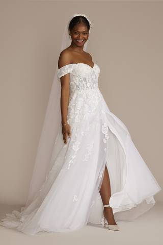 View Galina Signature Floral Tulle Wedding Dress with Removable Sleeves in all available color and sizes Picture of Floral Tulle Wedding Dress with Removable Sleeves