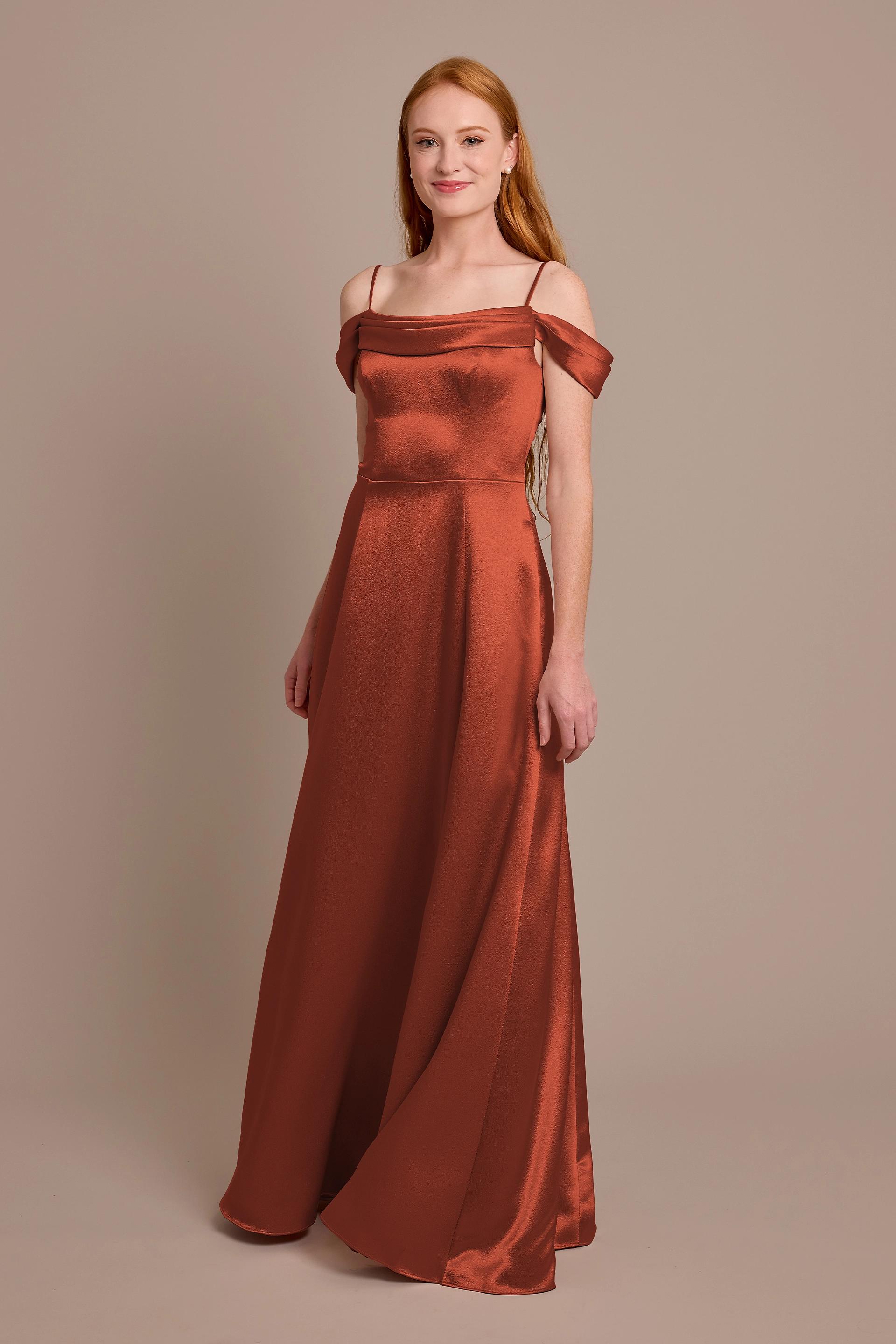 View Celebrate DB Studio Luxe Charmeuse Off-the-Shoulder Dress in all available color and sizes Picture of Luxe Charmeuse Off-the-Shoulder Dress