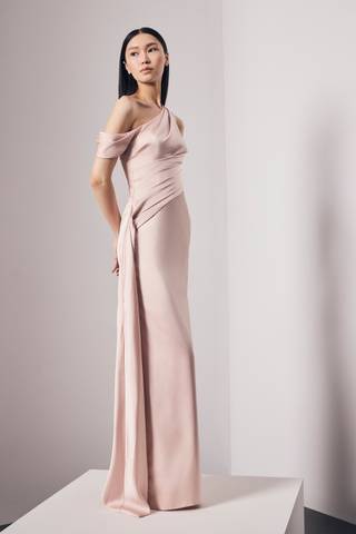Picture of Asymmetrical Satin Sheath Dress with Cascade