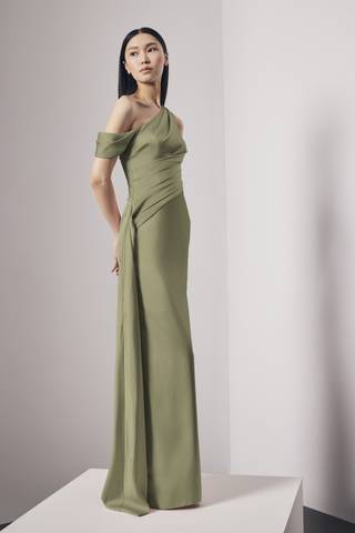 View Vera Wang Bride Asymmetrical Satin Sheath Dress with Cascade in all available color and sizes Picture of Asymmetrical Satin Sheath Dress with Cascade