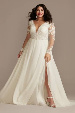 View Galina Signature Applique Illusion Chiffon Plus Size Wedding Dress in all available color and sizes Picture of Applique Illusion Chiffon Plus Size Wedding Dress