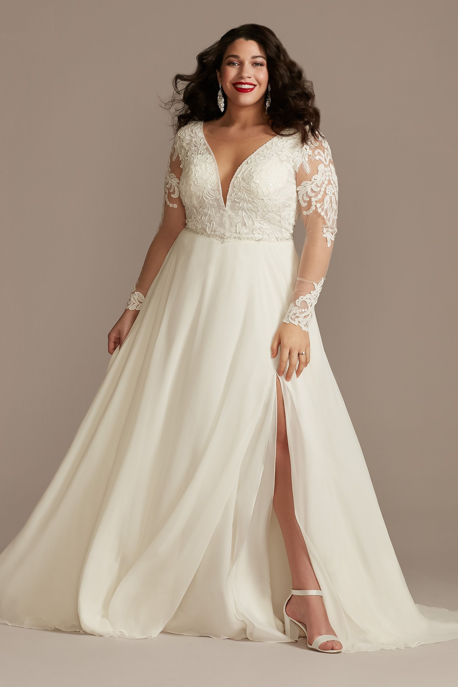 Galina Signature Applique Illusion Chiffon Plus Size Wedding Dress in Ivory Size: 26W David's Bridal