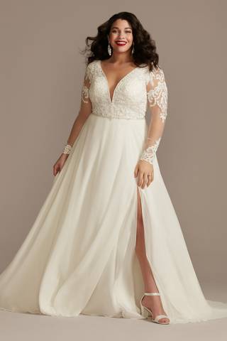 View Galina Signature Applique Illusion Chiffon Plus Size Wedding Dress in all available color and sizes Picture of Applique Illusion Chiffon Plus Size Wedding Dress