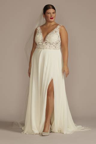 View Galina Signature Applique Illusion Chiffon Wedding Dress in all available color and sizes Picture of Applique Illusion Chiffon Wedding Dress