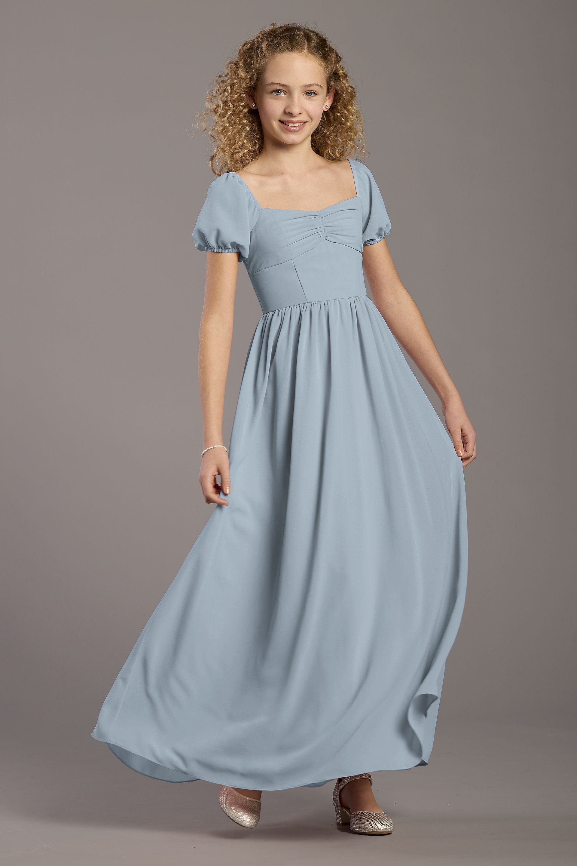 Celebrate DB Studio Chiffon Puff Sleeve A-Line Girls Dress in Dusty Blue Size: Medium David's Bridal