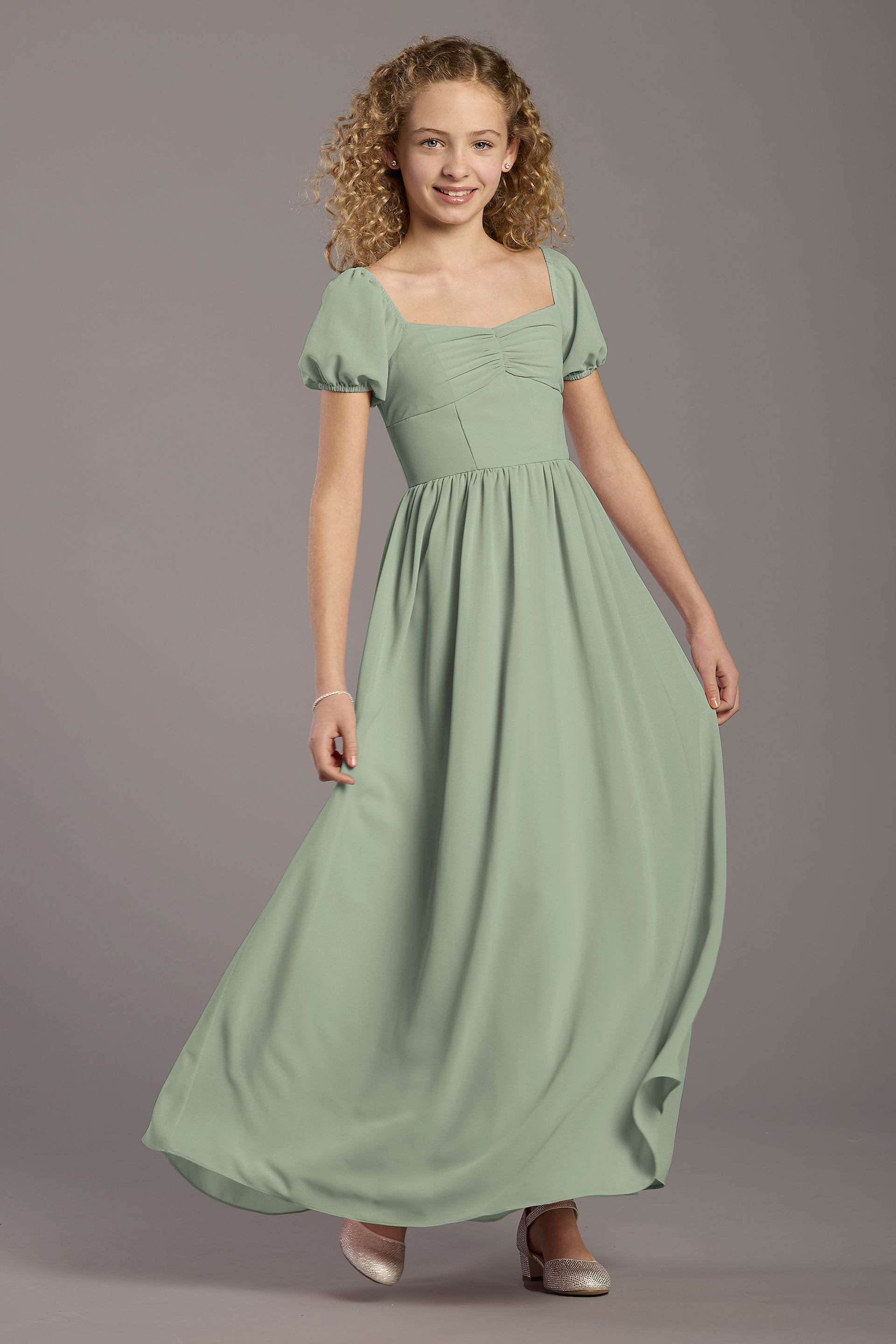 Celebrate DB Studio Chiffon Puff Sleeve A-Line Girls Dress in Dusty Sage Size: Medium David's Bridal