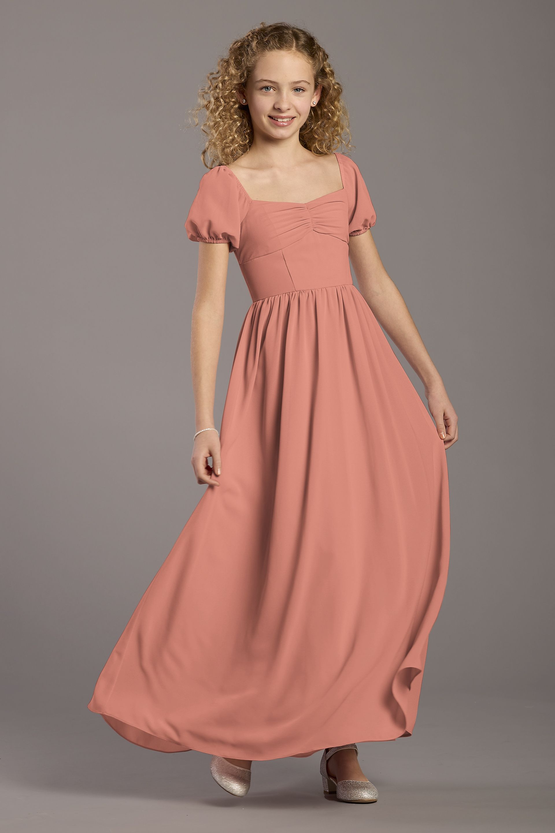 Celebrate DB Studio Chiffon Puff Sleeve A-Line Girls Dress in Desert Coral Size: Medium David's Bridal