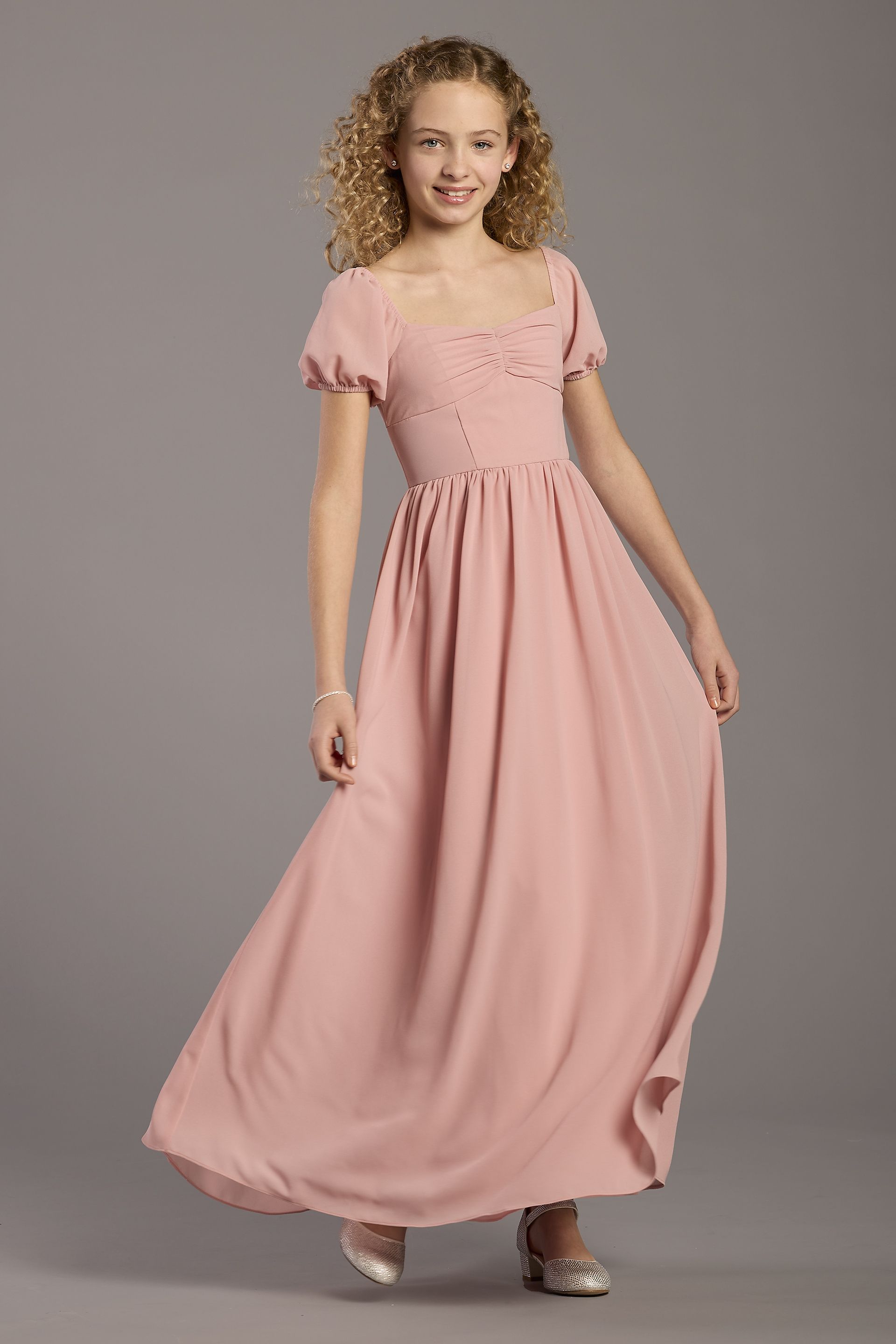 Celebrate DB Studio Chiffon Puff Sleeve A-Line Girls Dress in Ballet Size: Small David's Bridal