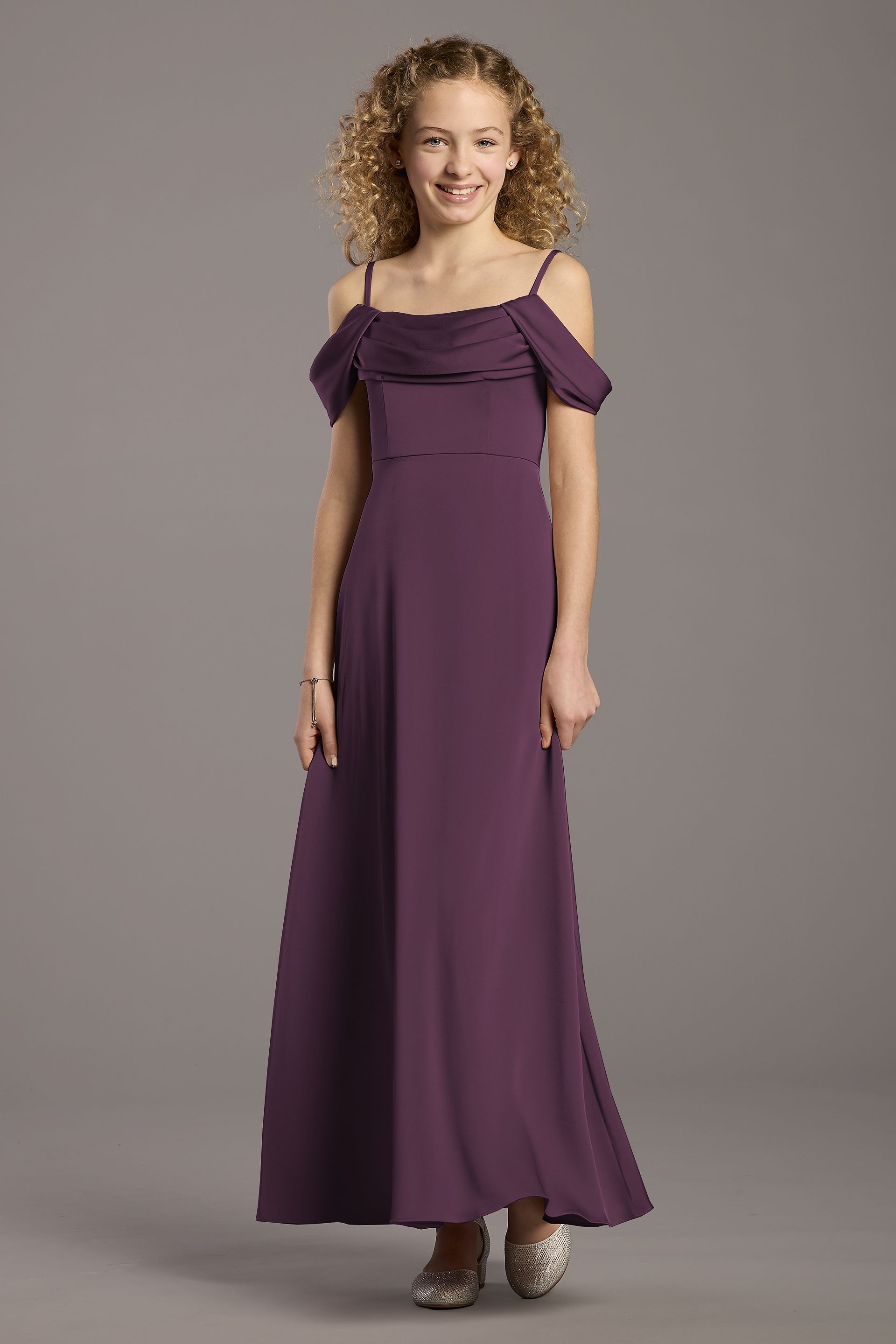 Celebrate DB Studio Matte Satin Cowl Neck A-Line Girls Dress in Amethyst Size: Small David's Bridal