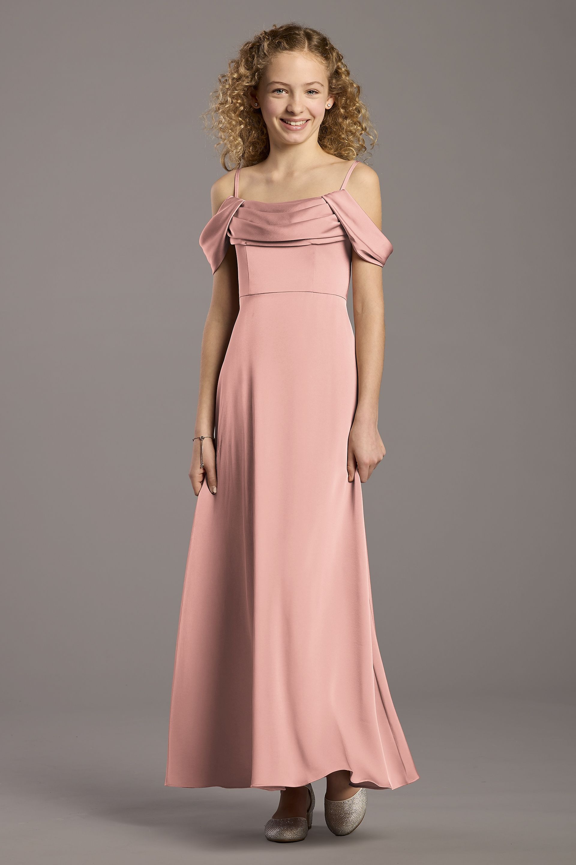 Celebrate DB Studio Matte Satin Cowl Neck A-Line Girls Dress in Ballet Size: Medium David's Bridal