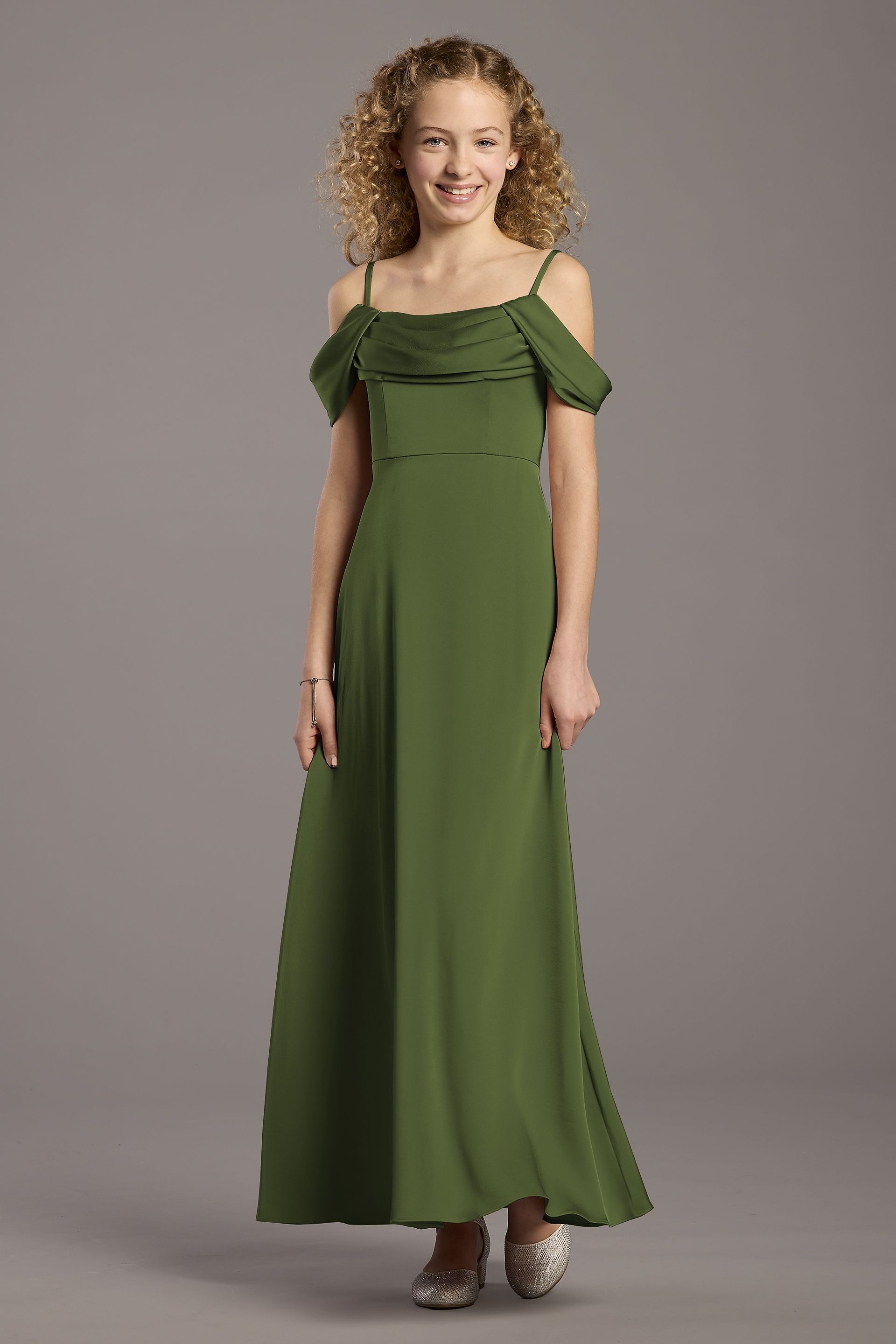 Celebrate DB Studio Matte Satin Cowl Neck A-Line Girls Dress in Martini Olive Size: Medium David's Bridal