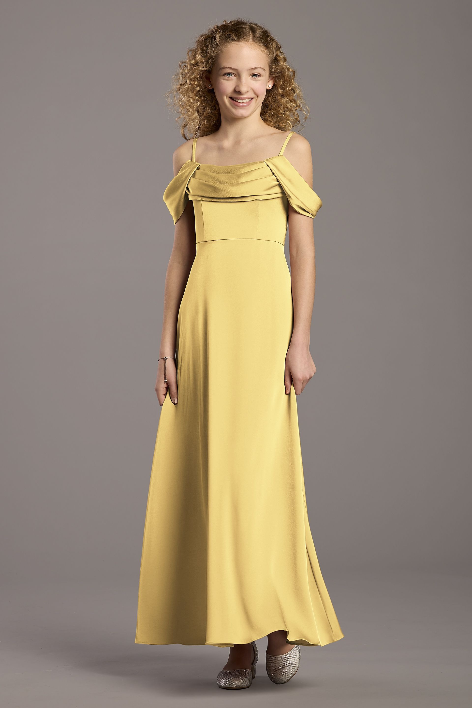 Celebrate DB Studio Matte Satin Cowl Neck A-Line Girls Dress in Pale Yellow Size: Medium David's Bridal