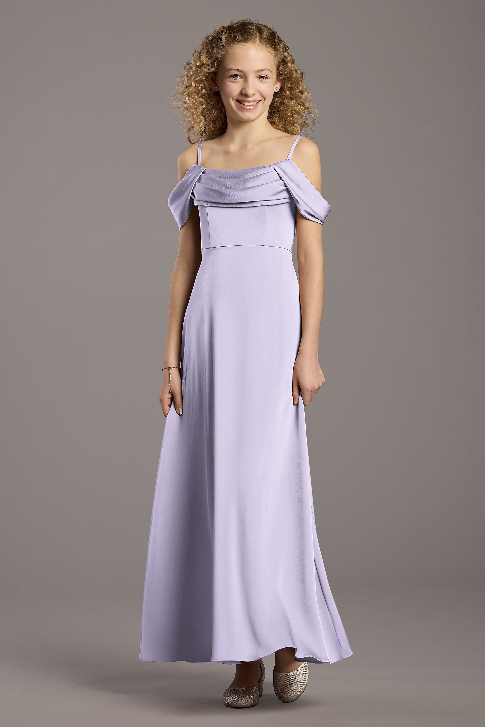 Celebrate DB Studio Matte Satin Cowl Neck A-Line Girls Dress in Iris Size: Medium David's Bridal
