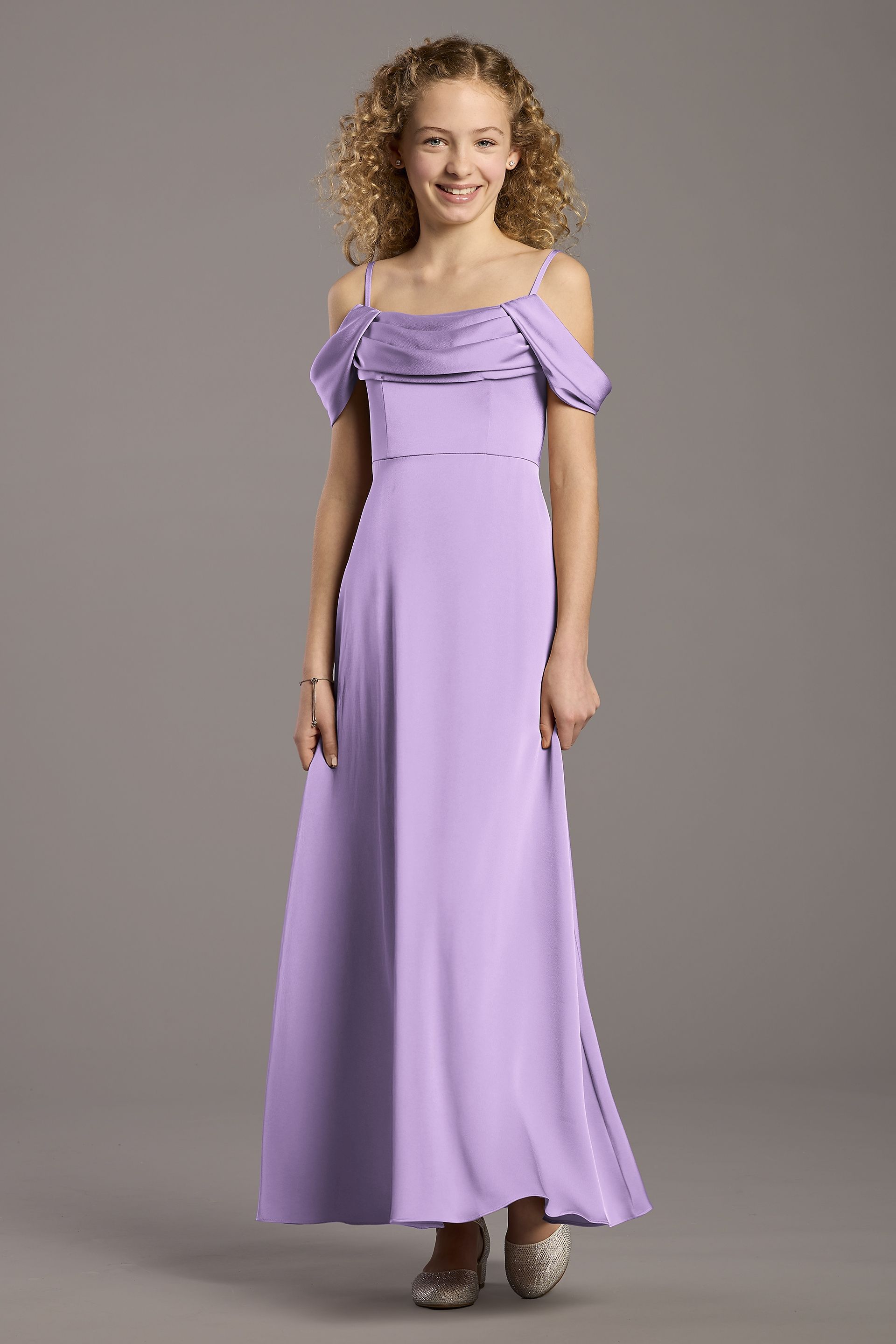Celebrate DB Studio Matte Satin Cowl Neck A-Line Girls Dress in Lavender Size: Large David's Bridal