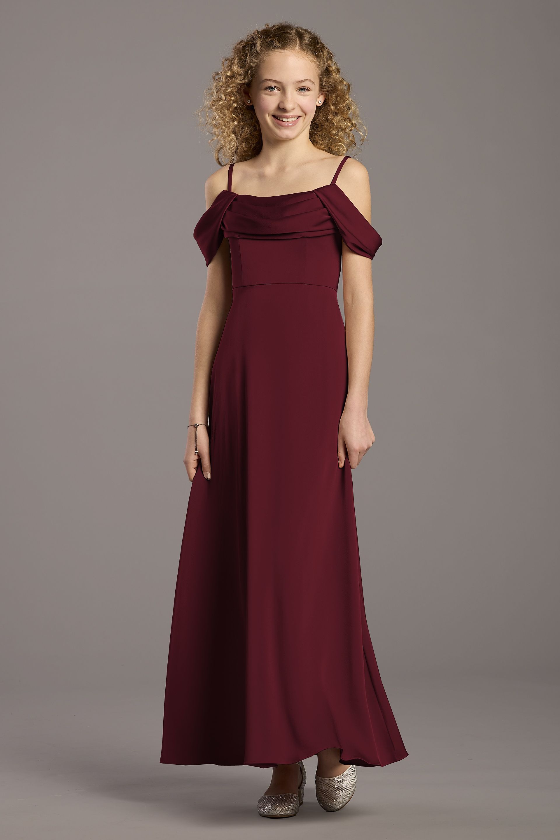 Celebrate DB Studio Matte Satin Cowl Neck A-Line Girls Dress in Wine Size: Large David's Bridal