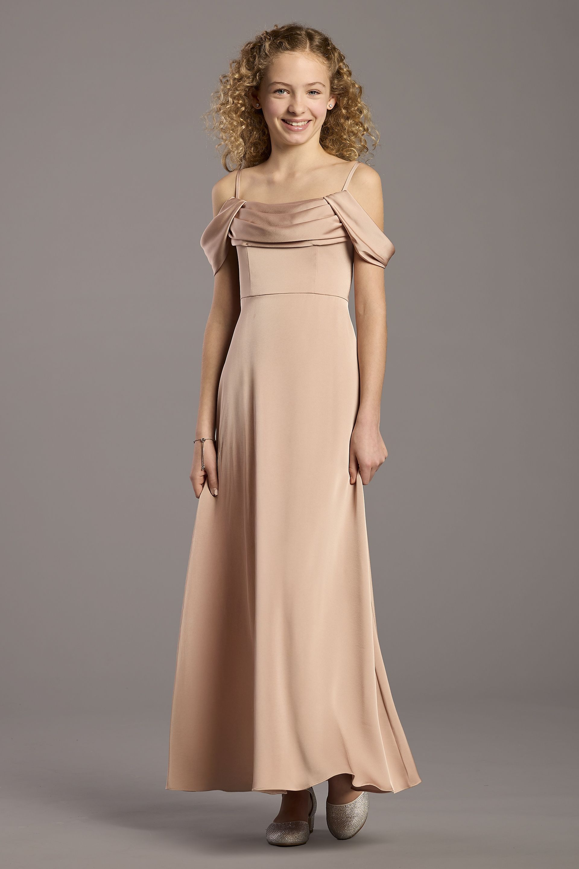 Celebrate DB Studio Matte Satin Cowl Neck A-Line Girls Dress in Sand Size: Large David's Bridal