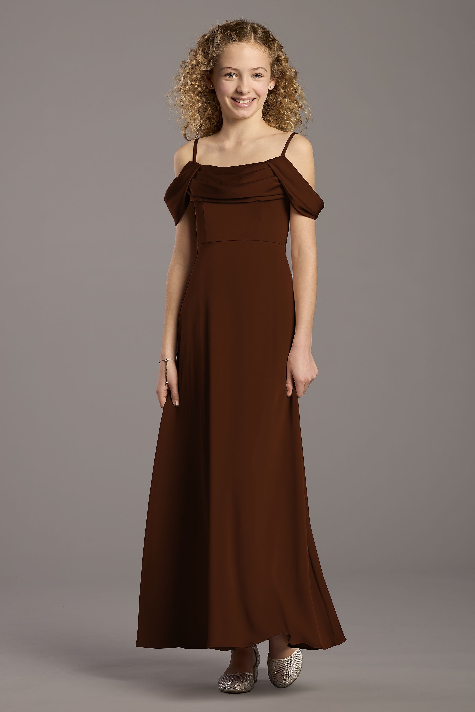 Celebrate DB Studio Matte Satin Cowl Neck A-Line Girls Dress in Chocolate Size: Small David's Bridal
