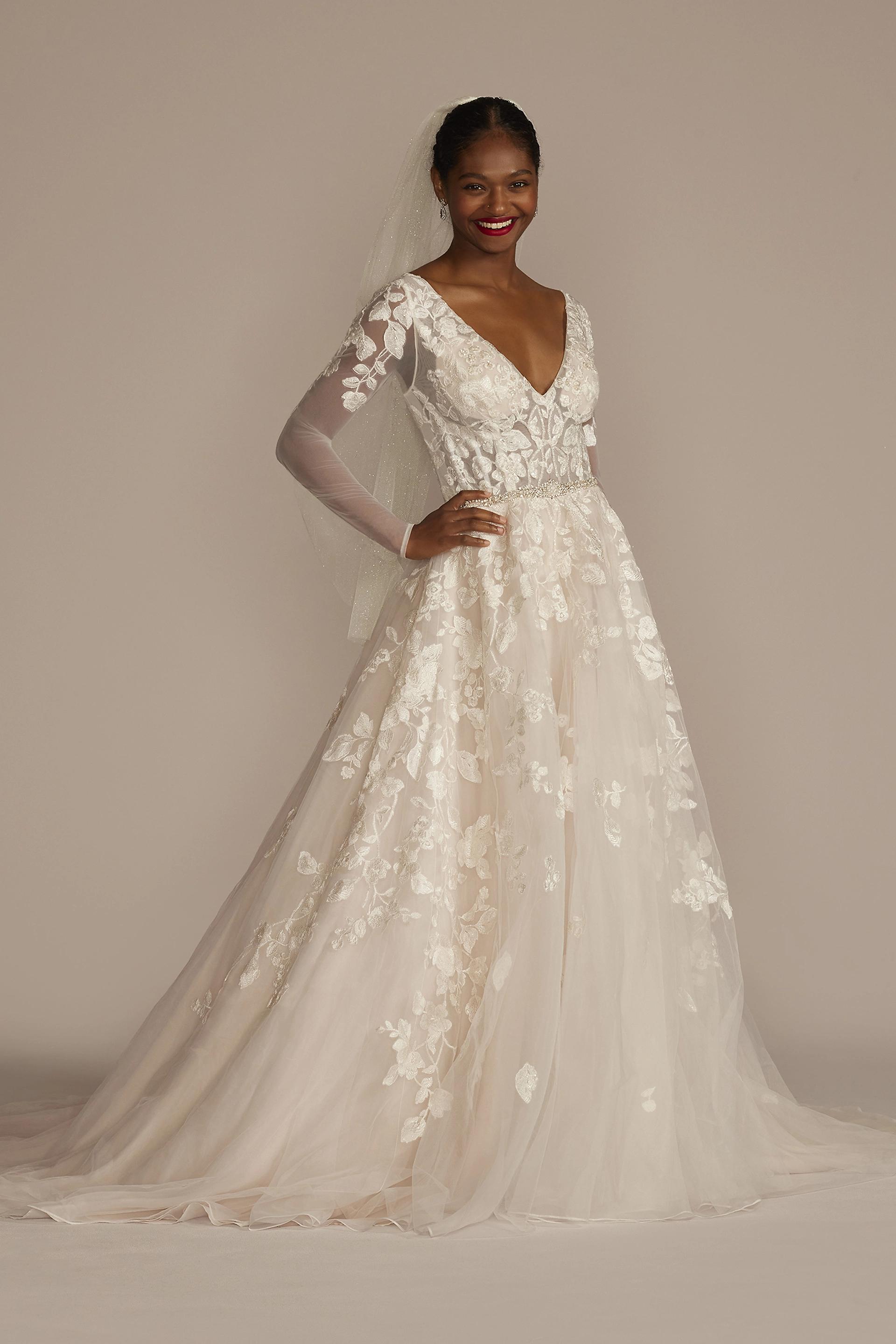 Galina Signature Illusion Long Sleeve Wedding Dress — Ivory/Cashmere