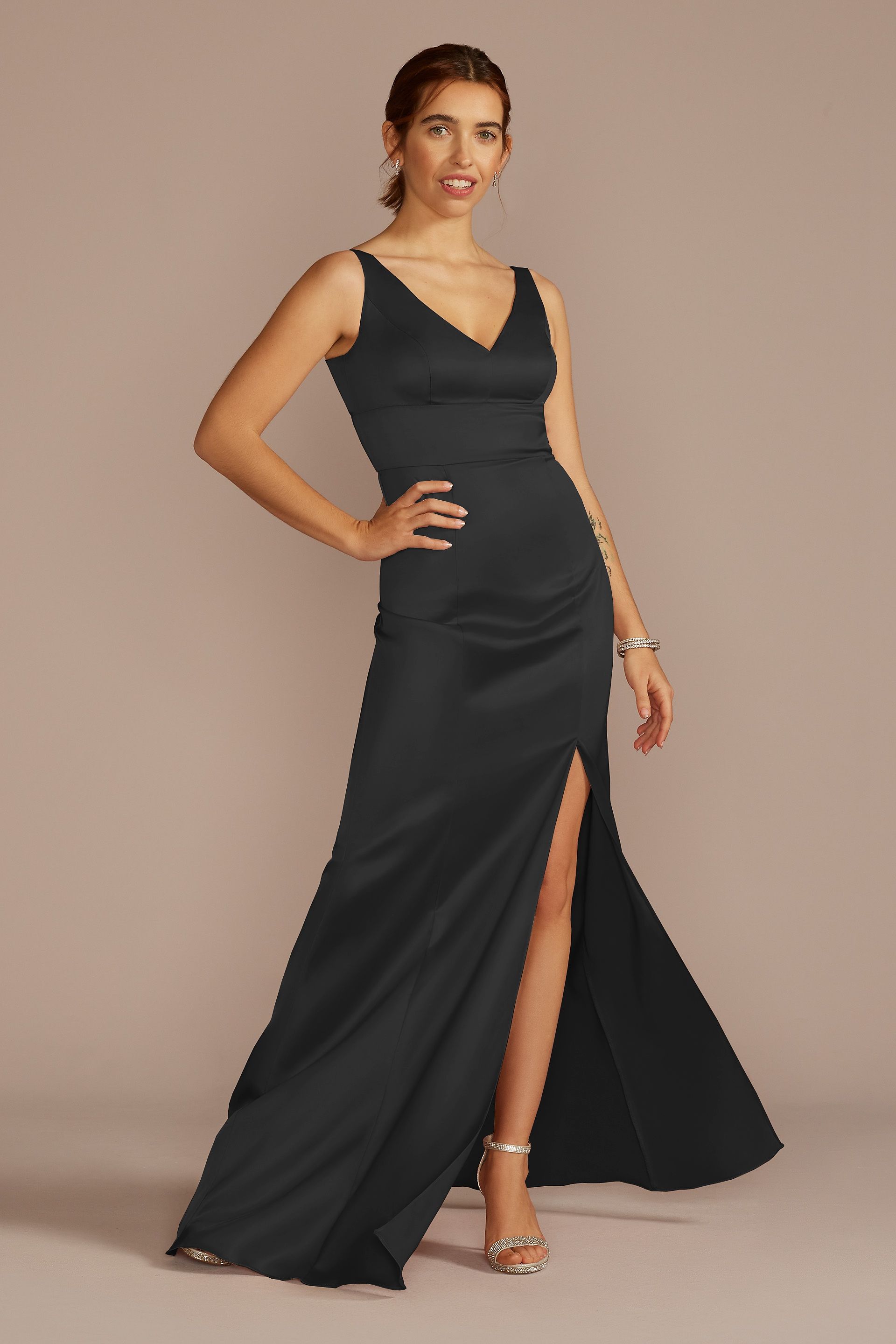 Celebrate DB Studio Stretch Satin V-Neck Tank Sheath Dress in Black Size: 0 David's Bridal