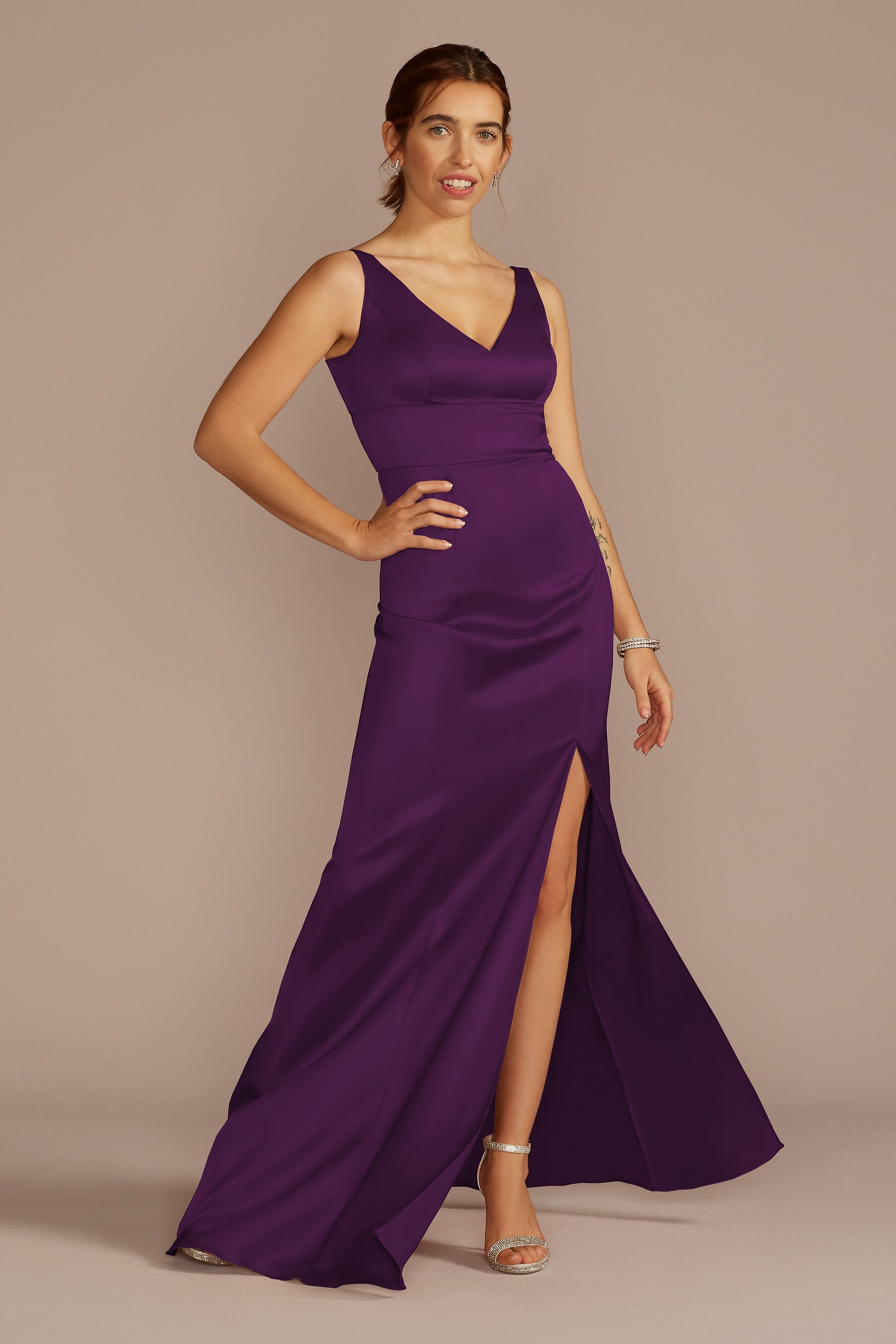 Celebrate DB Studio Stretch Satin V-Neck Tank Sheath Dress in Plum Size: 2 David's Bridal