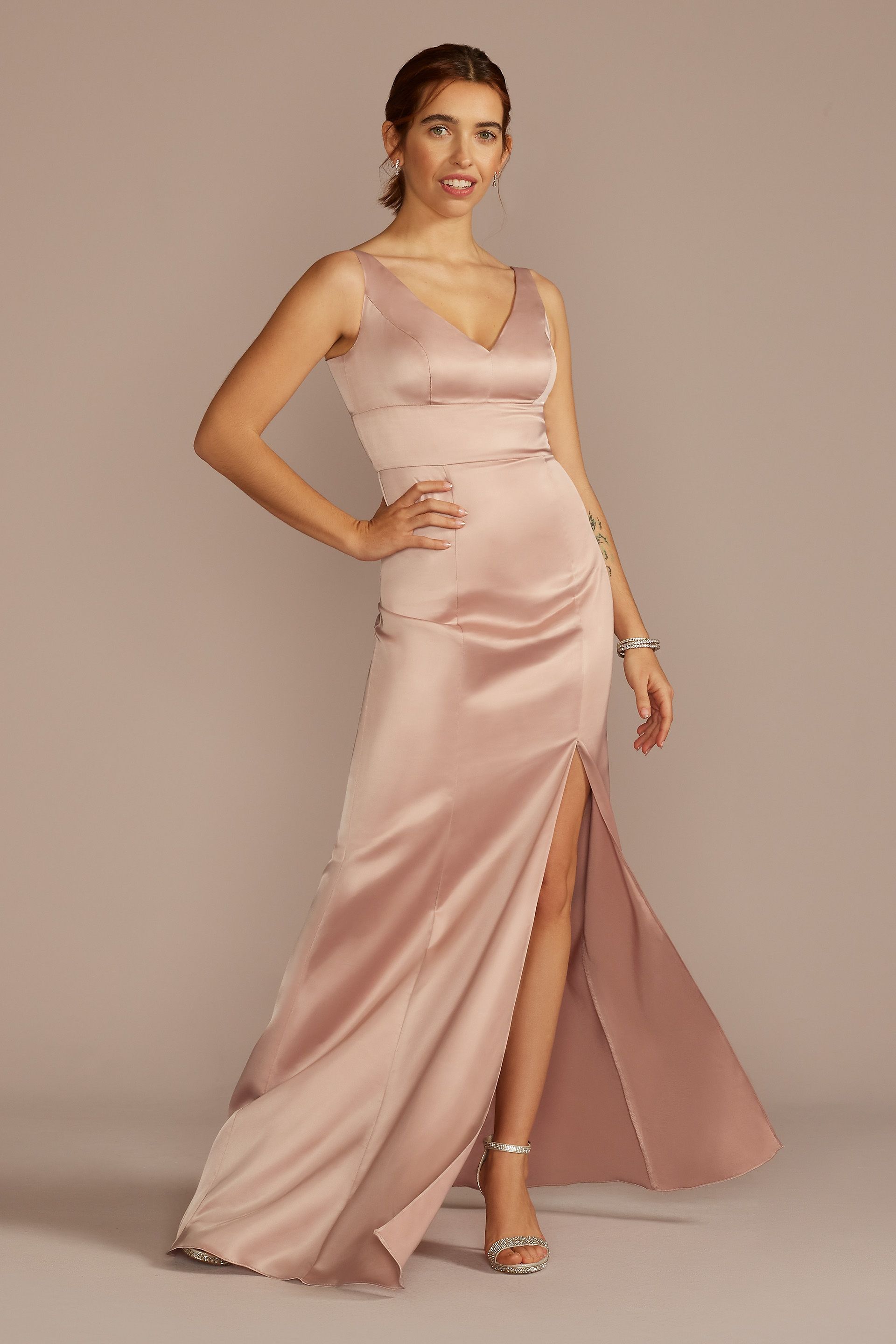 Celebrate DB Studio Stretch Satin V-Neck Tank Sheath Dress in Sand Size: 18 David's Bridal