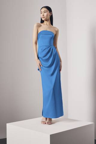 bridesmaid dresses blue Azazie Keyla Satin Fabric Color Romantic Off-Shoulder Sheath Pleated Satin