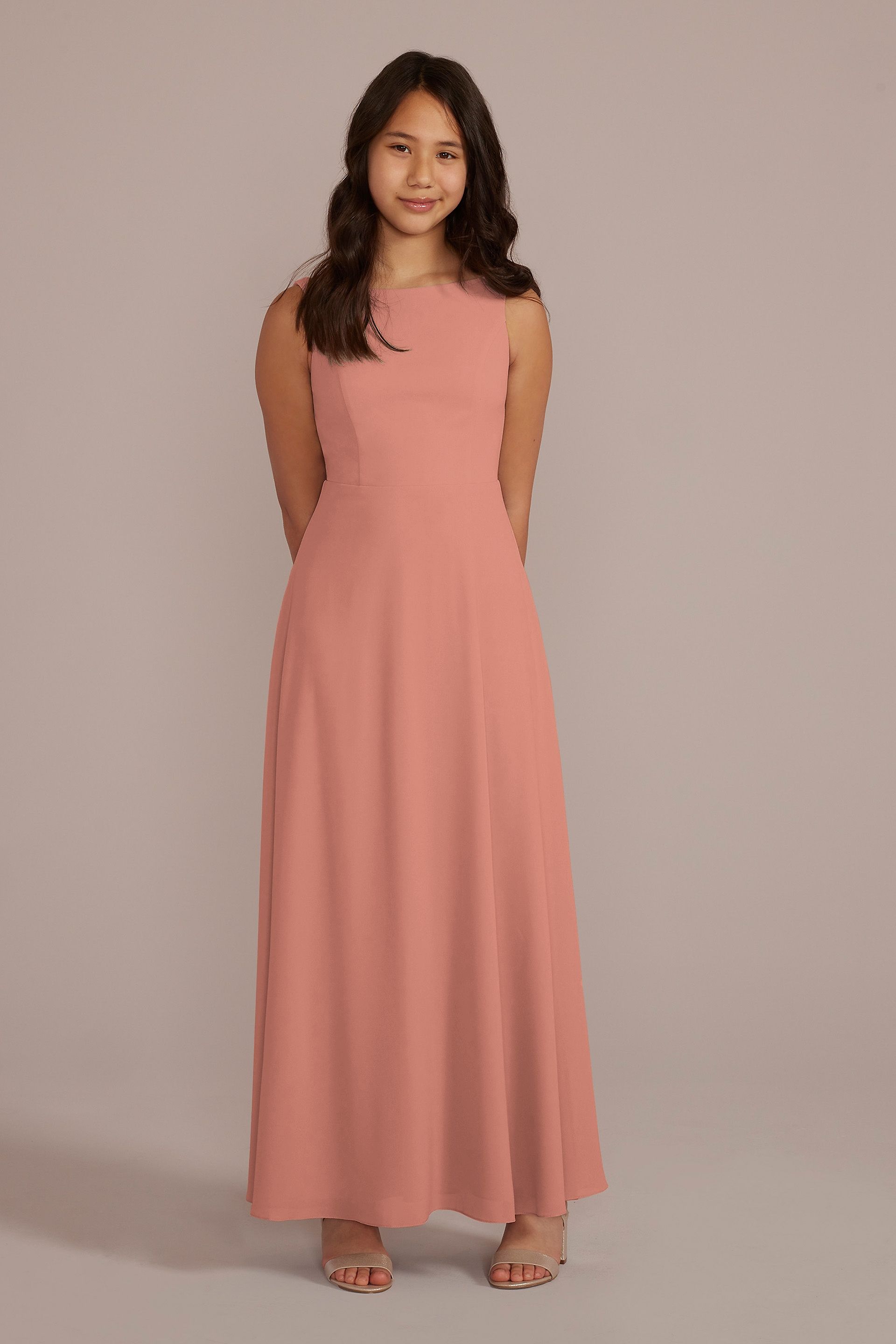 Celebrate DB Studio Chiffon Junior Bridesmaid Dress With Tie Back in Desert Coral Size: 18 David's Bridal