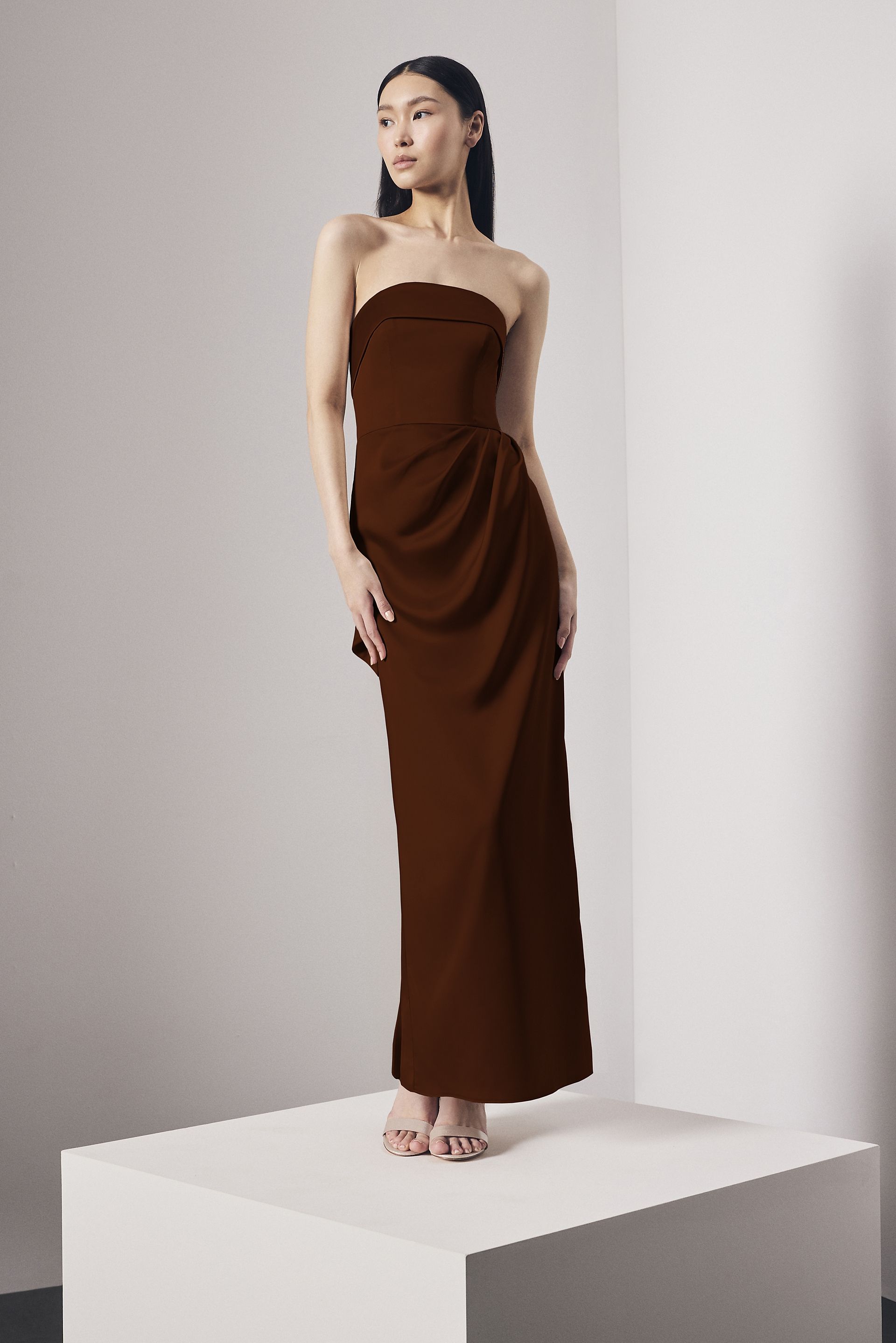 Vera Wang Bride Strapless Satin Column Dress With Back Cascade in Chocolate Size: Large David's Bridal