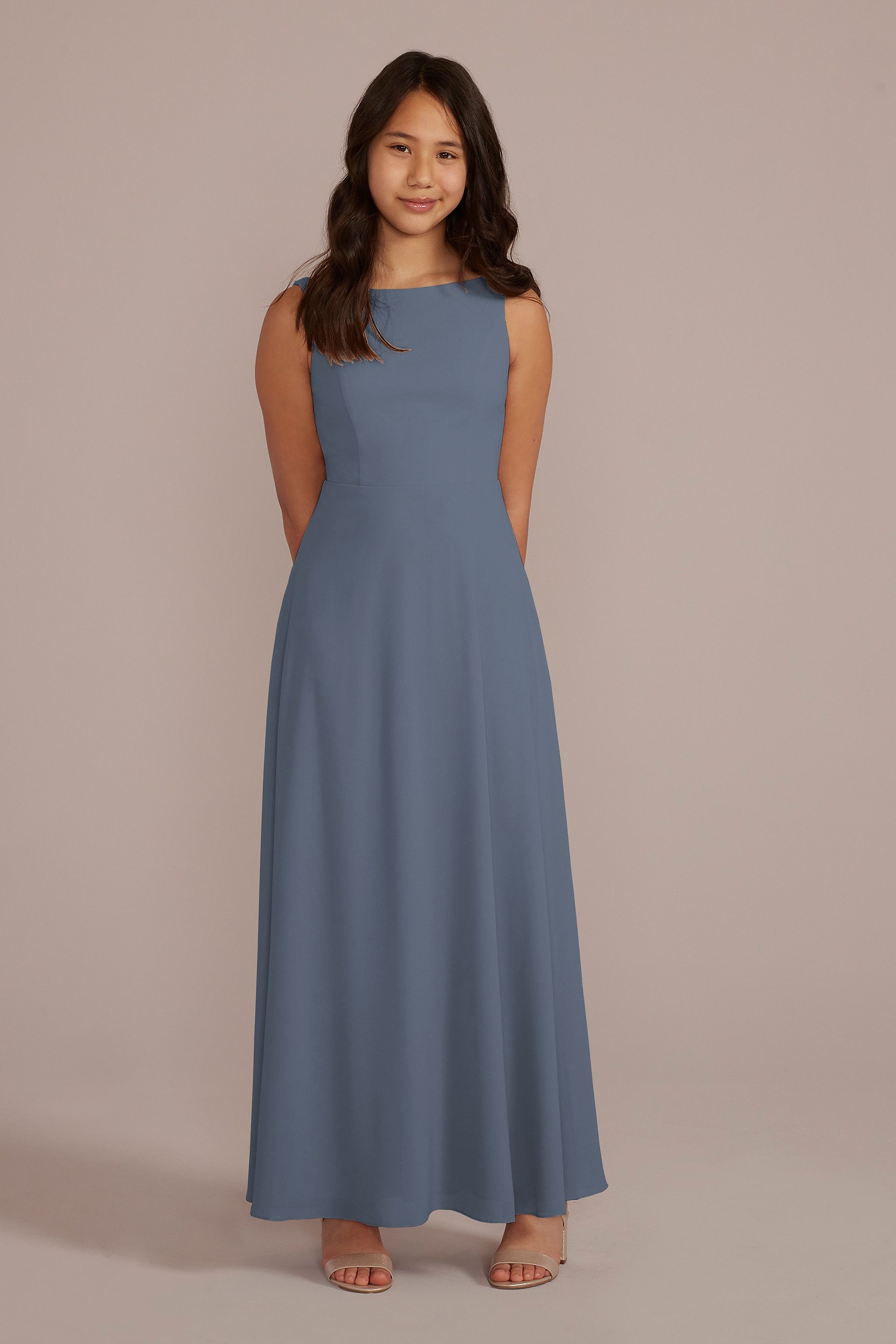 Celebrate DB Studio Chiffon Junior Bridesmaid Dress With Tie Back in Steel Blue Size: 10 David's Bridal