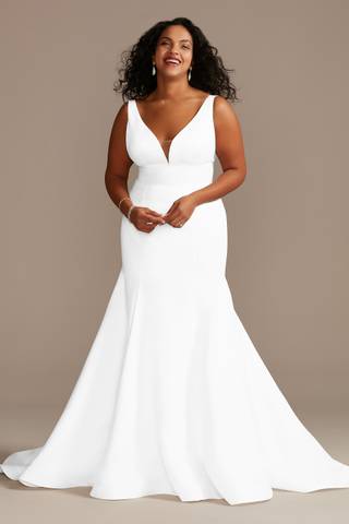 View DB Studio Plunge Mermaid Buttoned Satin Petite Wedding Dress in all available color and sizes Picture of Plunge Mermaid Buttoned Satin Petite Wedding Dress