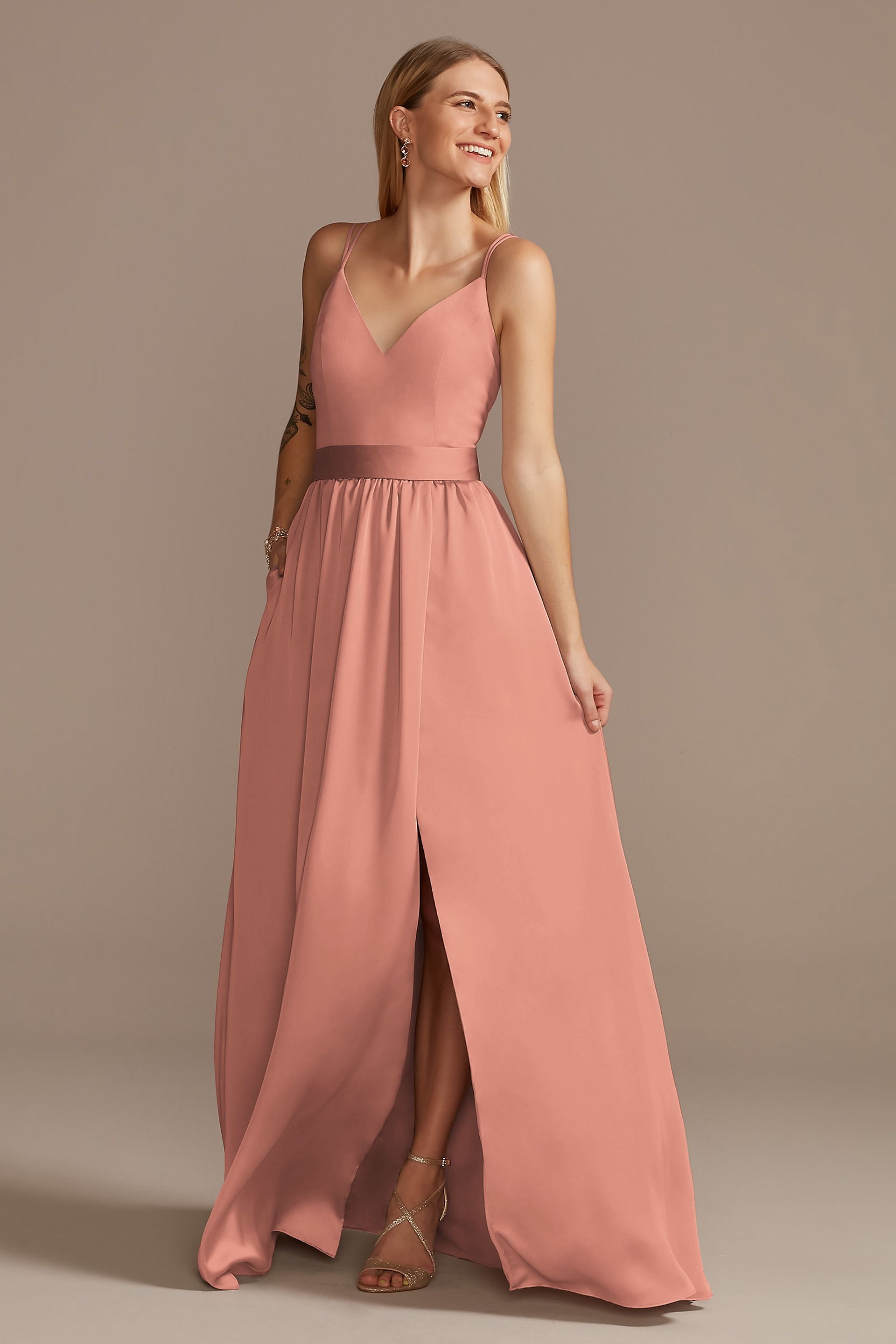View Celebrate DB Studio Double Spaghetti Strap Charmeuse Bridesmaid Dress in all available color and sizes Picture of Double Spaghetti Strap Charmeuse Bridesmaid Dress